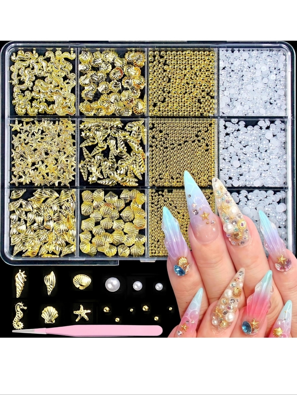 Gold & Pearl Nail Art Charm Kit with Seashell Accents
